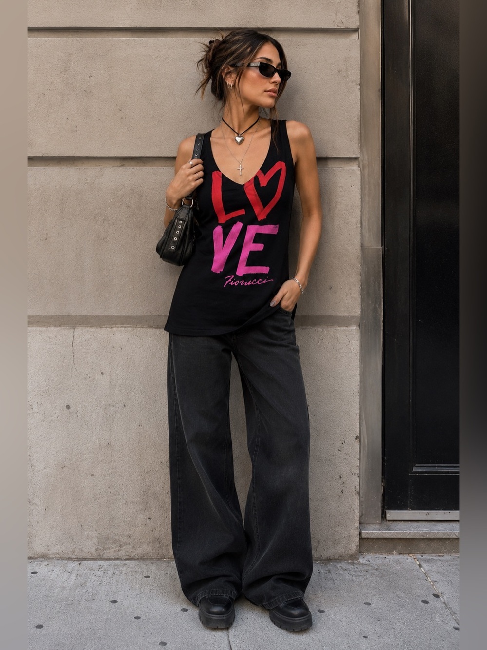 Fiorucci LOVE Graphic Tank Top Black Pink Red Made in Italy Y2K NWT XS Retro
